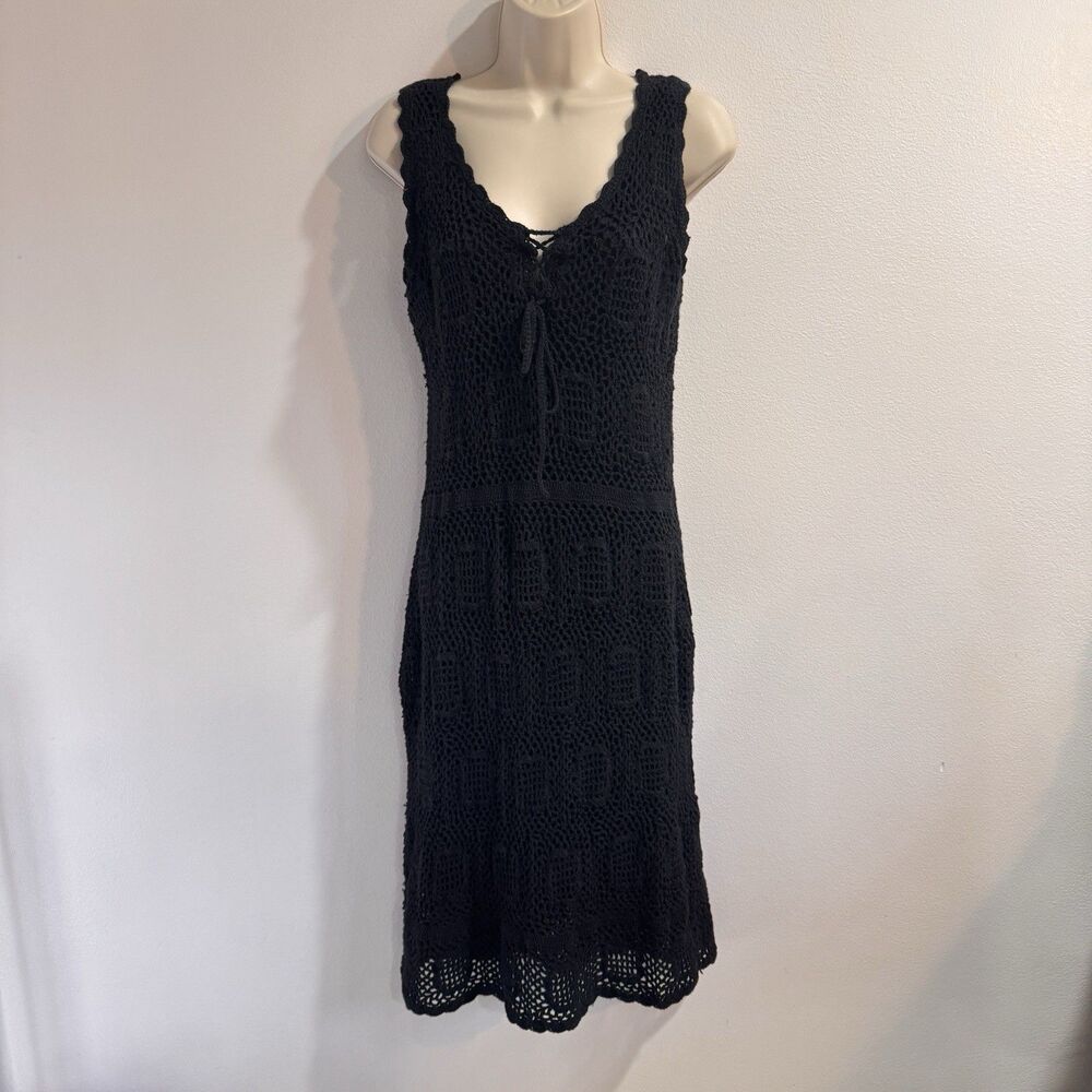 Vintage 90s Monroe & Main Shirt Dress L Black Crochet Lace Up Goth Witchy